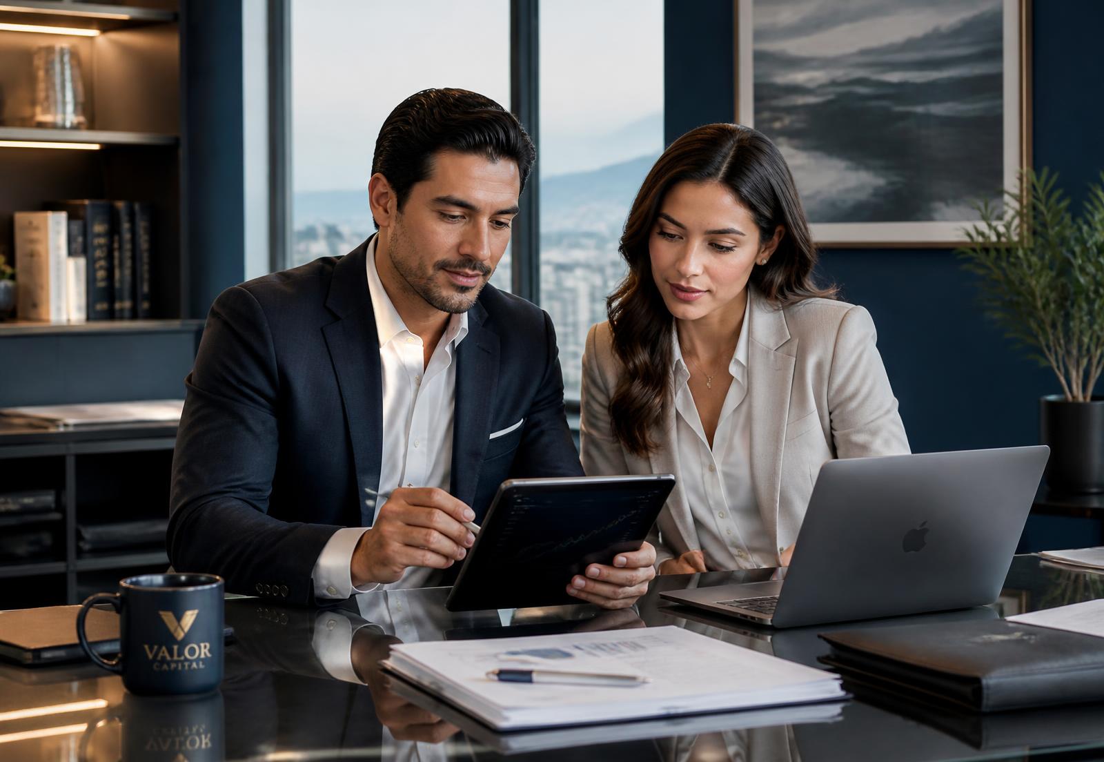 Pareja de profesionistas analizando indicadores financieros en una oficina moderna