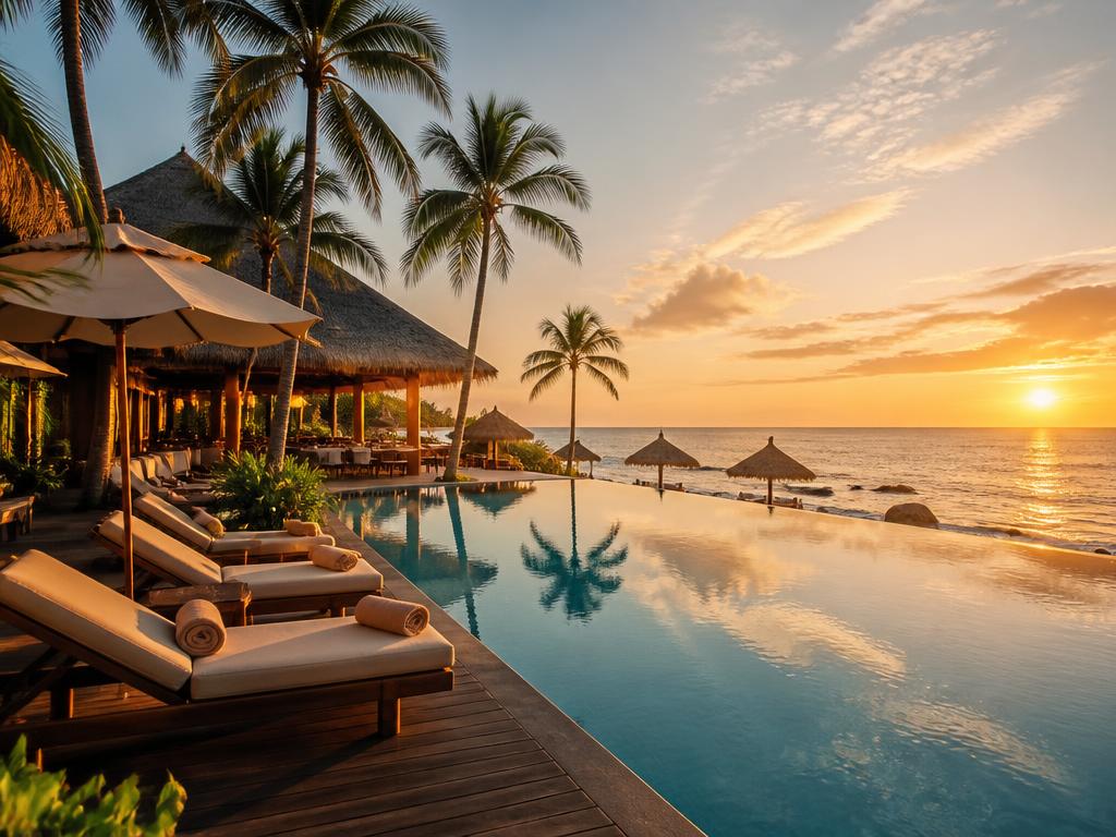 Alberca infinita de un resort todo incluido al atardecer