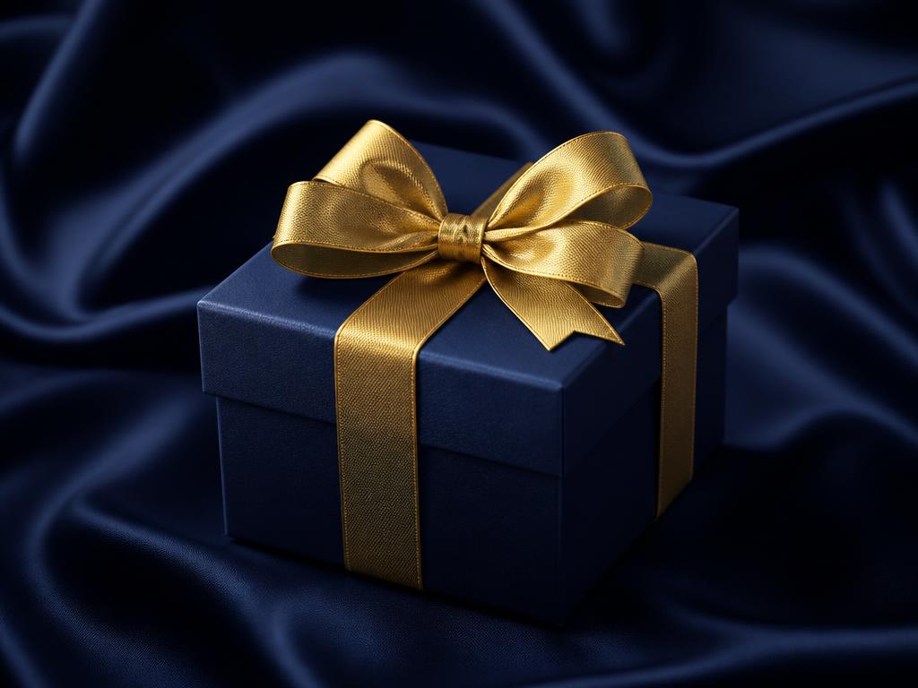 Caja de regalo azul marino con moño dorado