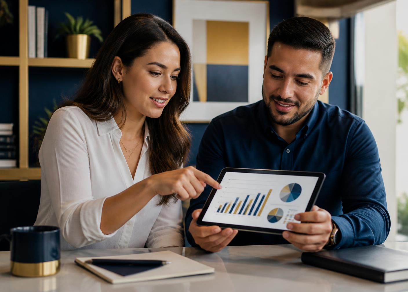 Dos adultos jóvenes revisando juntos una tableta con gráficos de radiografía financiera